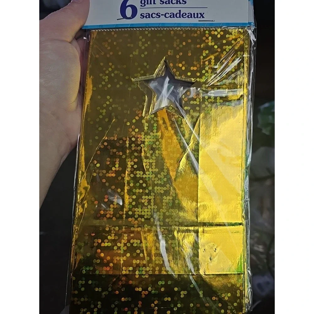 Party Bags Gift Sacks w/ Star Cut Out * Shiny Gold Sparkle 6 Count Bags Lot Of 4